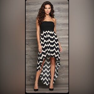 Black and White Strapless Chevron High-Low Dress
